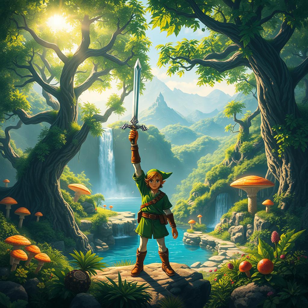 A breathtaking fantasy landscape inspired by the Legend of Zelda series, featuring a mystical forest with ancient trees and glowing mushrooms, a serene waterfall cascading into a crystal-clear pond, and distant mountains shrouded in mist