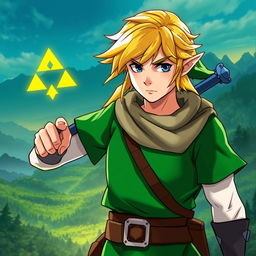 A striking portrait of Link from The Legend of Zelda series, showcasing his iconic green tunic, pointed elf-like ears, and blonde hair