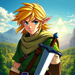 A striking portrait of Link from The Legend of Zelda series, showcasing his iconic green tunic, pointed elf-like ears, and blonde hair