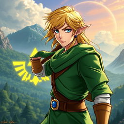 A striking portrait of Link from The Legend of Zelda series, showcasing his iconic green tunic, pointed elf-like ears, and blonde hair