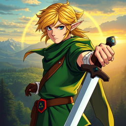 A striking portrait of Link from The Legend of Zelda series, showcasing his iconic green tunic, pointed elf-like ears, and blonde hair