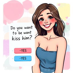 A captivating illustration showcasing a decision-making mobile game interface featuring a full-body drawing of an adorable and attractive 25-year-old woman with a playful smile