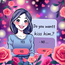 A captivating illustration showcasing a decision-making mobile game interface featuring a full-body drawing of an adorable and attractive 25-year-old woman with a playful smile