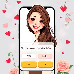 A captivating illustration showcasing a decision-making mobile game interface featuring a full-body drawing of an adorable and attractive 25-year-old woman with a playful smile