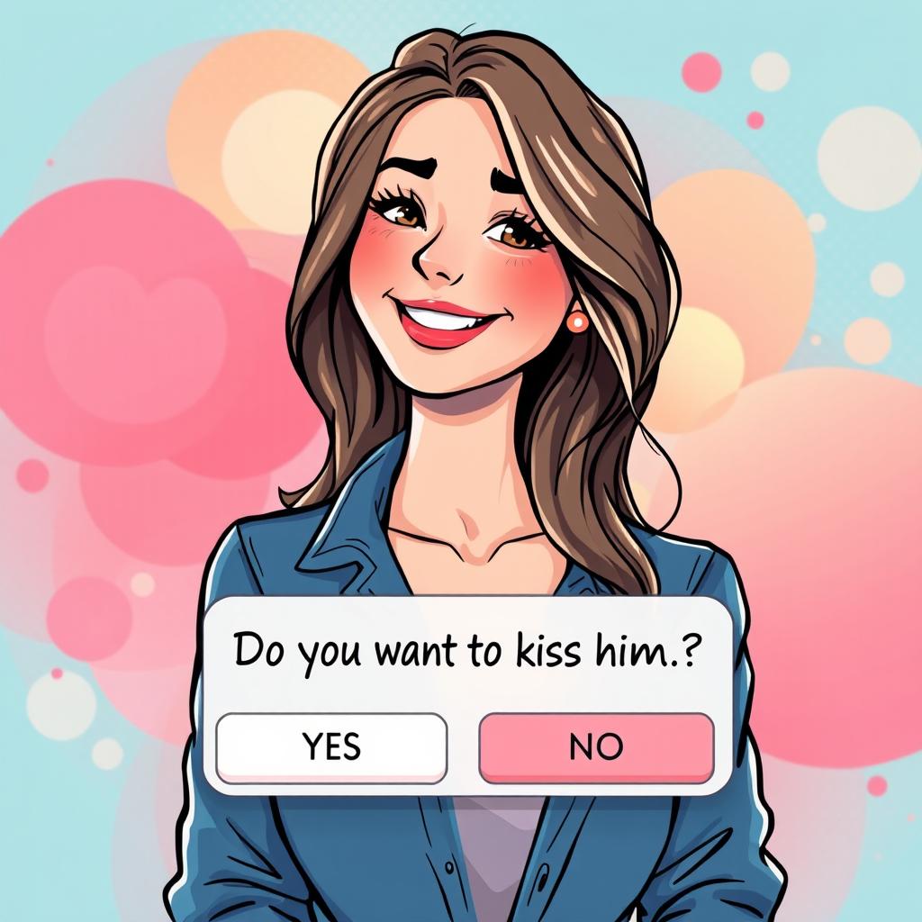 A captivating illustration showcasing a decision-making mobile game interface featuring a full-body drawing of an adorable and attractive 25-year-old woman with a playful smile