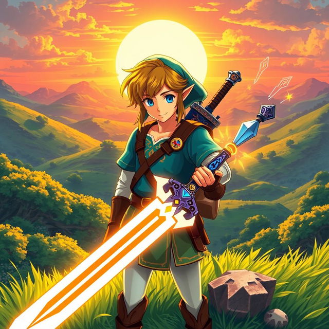 A beautifully detailed illustration of Link from The Legend of Zelda: Breath of the Wild, wearing his iconic Champion's tunic in vibrant colors, holding the Master Sword, surrounded by lush green landscapes of Hyrule