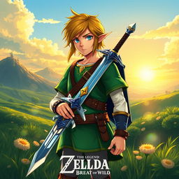 A beautifully detailed illustration of Link from The Legend of Zelda: Breath of the Wild, wearing his iconic Champion's tunic in vibrant colors, holding the Master Sword, surrounded by lush green landscapes of Hyrule