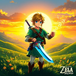 A beautifully detailed illustration of Link from The Legend of Zelda: Breath of the Wild, wearing his iconic Champion's tunic in vibrant colors, holding the Master Sword, surrounded by lush green landscapes of Hyrule