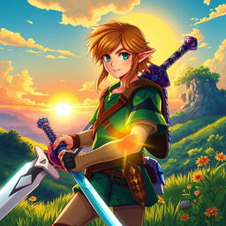A beautifully detailed illustration of Link from The Legend of Zelda: Breath of the Wild, wearing his iconic Champion's tunic in vibrant colors, holding the Master Sword, surrounded by lush green landscapes of Hyrule