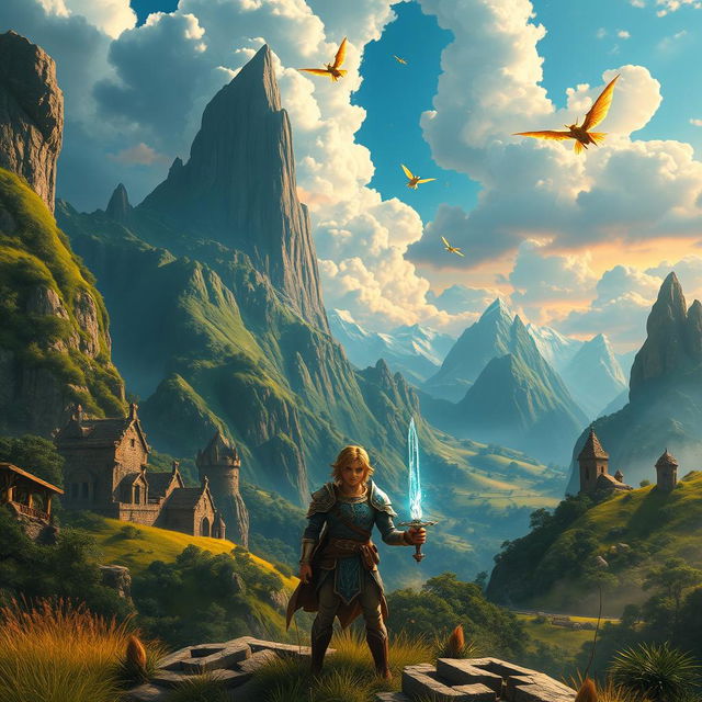 A stunning fantasy landscape inspired by 'The Legend of Zelda: Tears of the Kingdom', featuring soaring mountains with lush greenery and ancient ruins, a vibrant sky with dramatic clouds, and mystical creatures like fairies and dragons soaring through the air