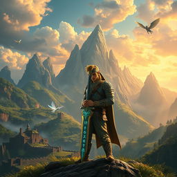 A stunning fantasy landscape inspired by 'The Legend of Zelda: Tears of the Kingdom', featuring soaring mountains with lush greenery and ancient ruins, a vibrant sky with dramatic clouds, and mystical creatures like fairies and dragons soaring through the air