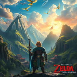 A stunning fantasy landscape inspired by 'The Legend of Zelda: Tears of the Kingdom', featuring soaring mountains with lush greenery and ancient ruins, a vibrant sky with dramatic clouds, and mystical creatures like fairies and dragons soaring through the air