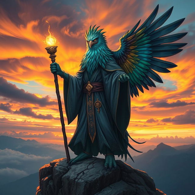 Aarakocra wizard standing majestically on a rocky cliff, with colorful feathers in shades of blue, green, and gold, wearing a flowing robe adorned with magical symbols