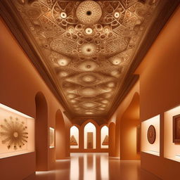 Design an exhibition area in an art museum, filled with captivating display objects and artifacts. The space has a flat Khatamband ceiling design, infusing the area with ornate, cultural elegance.