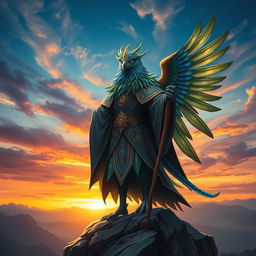 Aarakocra wizard standing majestically on a rocky cliff, with colorful feathers in shades of blue, green, and gold, wearing a flowing robe adorned with magical symbols