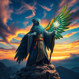 Aarakocra wizard standing majestically on a rocky cliff, with colorful feathers in shades of blue, green, and gold, wearing a flowing robe adorned with magical symbols
