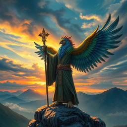Aarakocra wizard standing majestically on a rocky cliff, with colorful feathers in shades of blue, green, and gold, wearing a flowing robe adorned with magical symbols