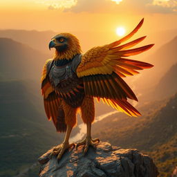 A majestic Aarakocra, resembling a gigantic eagle humanoid, stands proudly on a rocky cliff overlooking a breathtaking sunrise