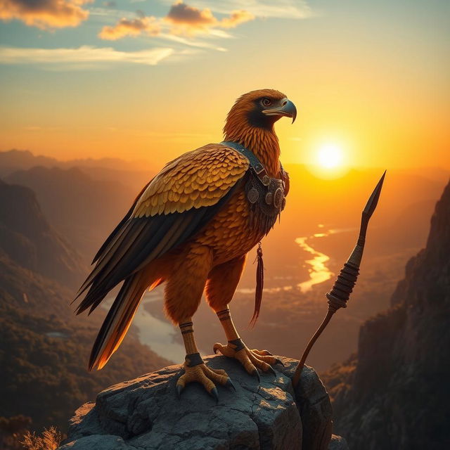 A majestic Aarakocra, resembling a gigantic eagle humanoid, stands proudly on a rocky cliff overlooking a breathtaking sunrise