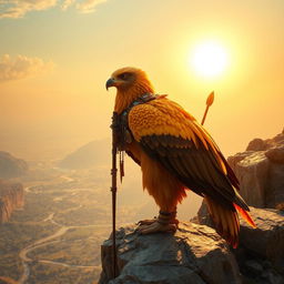 A majestic Aarakocra, resembling a gigantic eagle humanoid, stands proudly on a rocky cliff overlooking a breathtaking sunrise