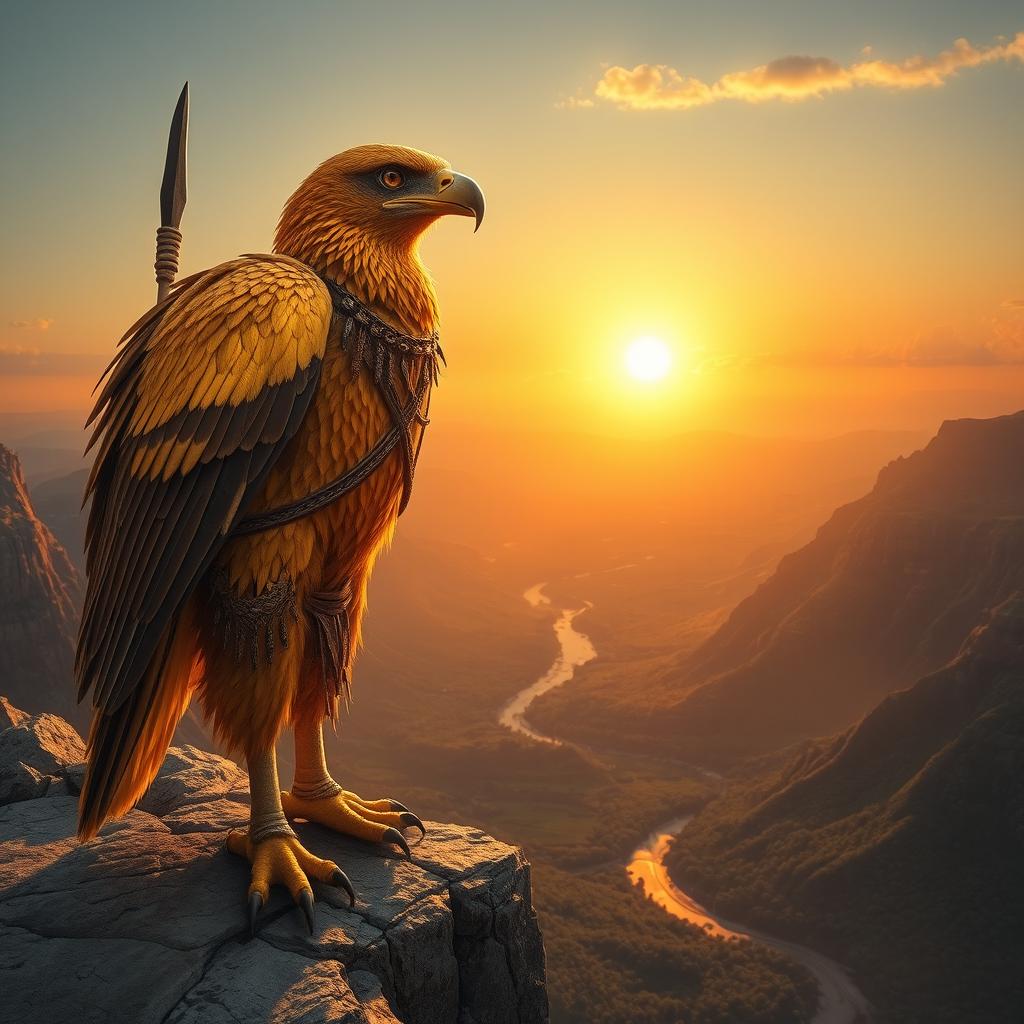 A majestic Aarakocra, resembling a gigantic eagle humanoid, stands proudly on a rocky cliff overlooking a breathtaking sunrise