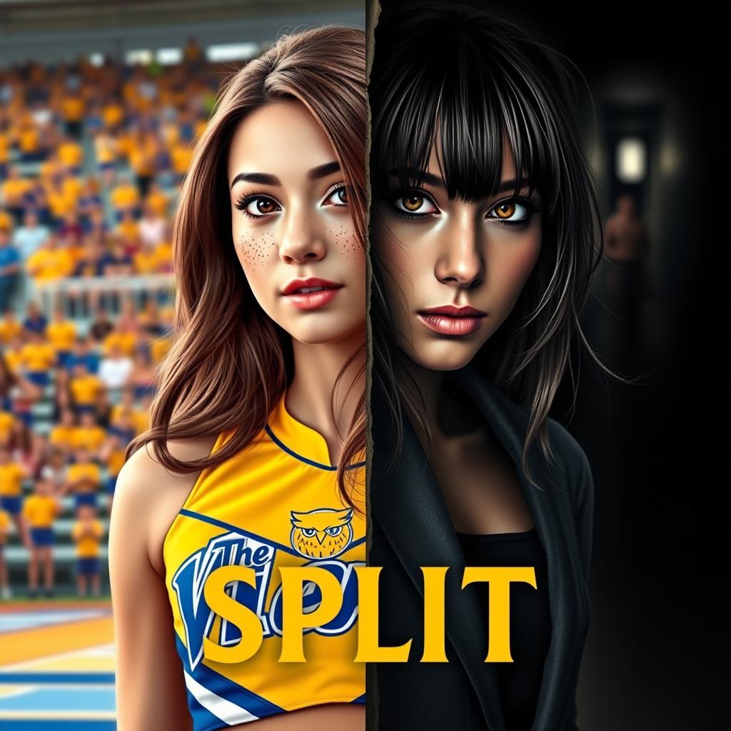 A realistic and visually striking book cover for 'Split', featuring Niela divided into two contrasting halves