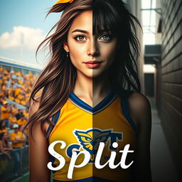 A realistic and visually striking book cover for 'Split', featuring Niela divided into two contrasting halves