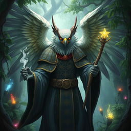 An Aarakocra wizard with the features of an eagle, depicted in a mystical forest setting
