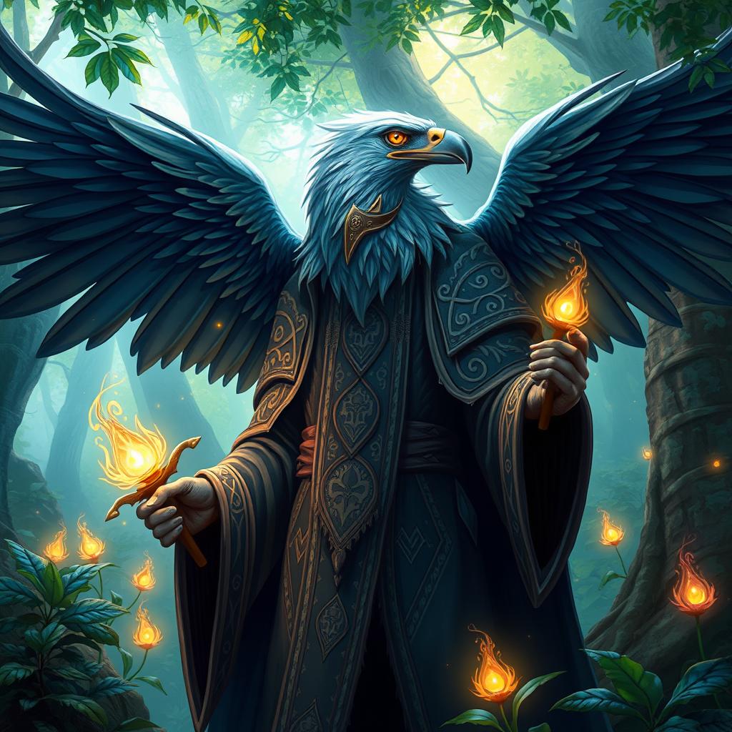 An Aarakocra wizard with the features of an eagle, depicted in a mystical forest setting