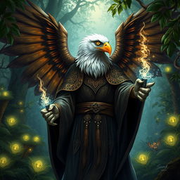 An Aarakocra wizard with the features of an eagle, depicted in a mystical forest setting