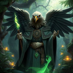 An Aarakocra wizard with the features of an eagle, depicted in a mystical forest setting