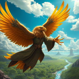 A majestic eagle Aarakocra wizard with vibrant feathers in shades of golden yellow and deep brown, soaring above a fantasy landscape