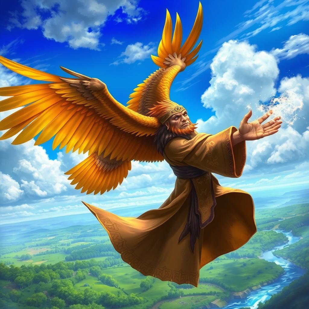 A majestic eagle Aarakocra wizard with vibrant feathers in shades of golden yellow and deep brown, soaring above a fantasy landscape