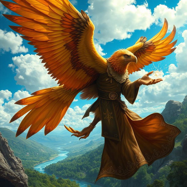 A majestic eagle Aarakocra wizard with vibrant feathers in shades of golden yellow and deep brown, soaring above a fantasy landscape