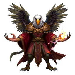 An impressive half-human Arouca character featuring an eagle head, majestic wings, and claws for hands, dressed in elaborate wizard robes adorned with mystical symbols