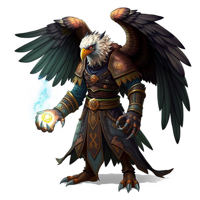 An impressive half-human Arouca character featuring an eagle head, majestic wings, and claws for hands, dressed in elaborate wizard robes adorned with mystical symbols