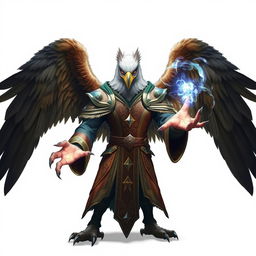 An impressive half-human Arouca character featuring an eagle head, majestic wings, and claws for hands, dressed in elaborate wizard robes adorned with mystical symbols