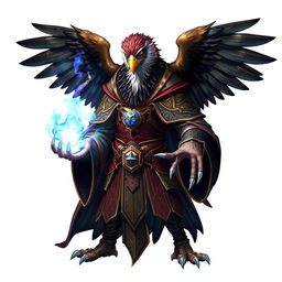 An impressive half-human Arouca character featuring an eagle head, majestic wings, and claws for hands, dressed in elaborate wizard robes adorned with mystical symbols