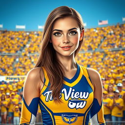 A realistic, full-view depiction of Niela as a radiant cheerleader, showcasing her stunning beauty