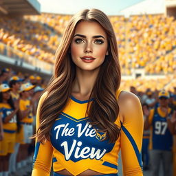 A realistic, full-view depiction of Niela as a radiant cheerleader, showcasing her stunning beauty