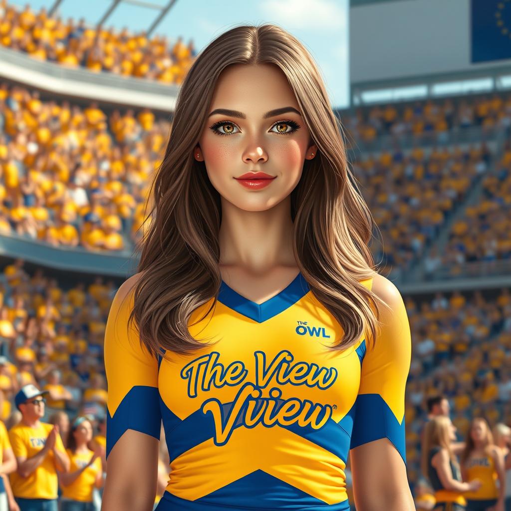 A realistic, full-view depiction of Niela as a radiant cheerleader, showcasing her stunning beauty