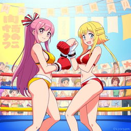 A vibrant and dynamic scene depicting a bikini boxing match between two characters, Ann Takamaki and Rise Kujikawa, set in a colorful ring surrounded by enthusiastic fans