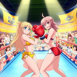 A vibrant and dynamic scene depicting a bikini boxing match between two characters, Ann Takamaki and Rise Kujikawa, set in a colorful ring surrounded by enthusiastic fans
