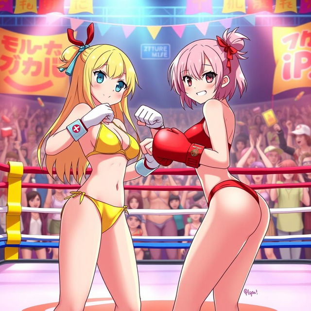 A vibrant and dynamic scene depicting a bikini boxing match between two characters, Ann Takamaki and Rise Kujikawa, set in a colorful ring surrounded by enthusiastic fans