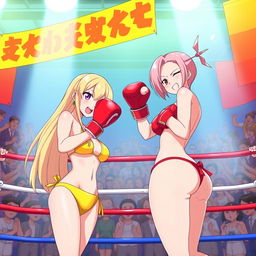 A vibrant and dynamic scene depicting a bikini boxing match between two characters, Ann Takamaki and Rise Kujikawa, set in a colorful ring surrounded by enthusiastic fans