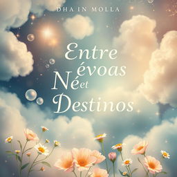 A book cover for 'Entre Névoas e Destinos', featuring an enchanting and ethereal background of mist, stars, and dreamy flowers