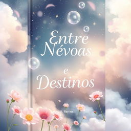 A book cover for 'Entre Névoas e Destinos', featuring an enchanting and ethereal background of mist, stars, and dreamy flowers