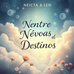 A book cover for 'Entre Névoas e Destinos', featuring an enchanting and ethereal background of mist, stars, and dreamy flowers