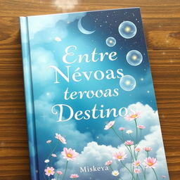 A book cover for 'Entre Névoas e Destinos', featuring an enchanting and ethereal background of mist, stars, and dreamy flowers