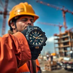 A construction worker wearing a tactical watch in a stylish black and gold color scheme, prominently featuring the word 'PROG' on the dial